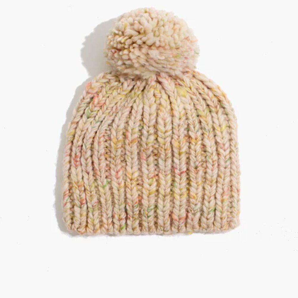 Madewell Multicolor Confetti Knit Pom-Pom Beanie Wool Blend One Size preppy chic